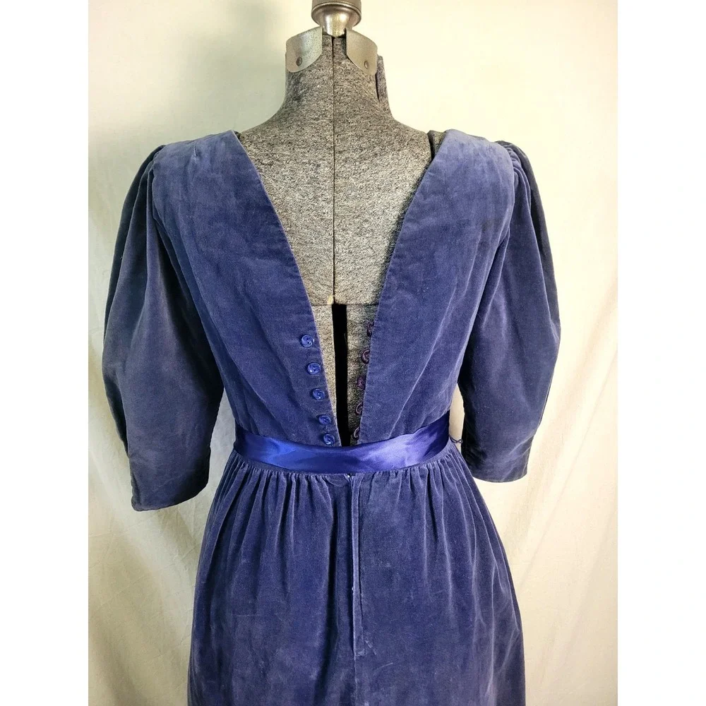 Vintage 40s‎ 50s Dusty Blue Velvet Midi Dress 3/4 Sleeve Ribbon Waist FLAW XS